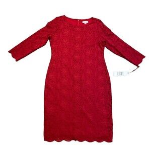 NWT MSRP $159 Calvin Klein Dress Women Sz 12 Red Lace Sheath Scalloped Holiday